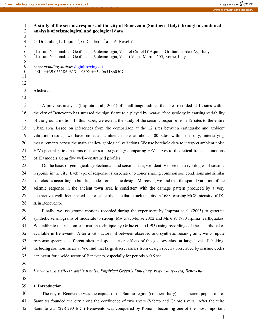 1 a Study of the Seismic Response of the City of Benevento (Southern Italy) Through a Combined 2 Analysis of Seismological and Geological Data 3 4 G