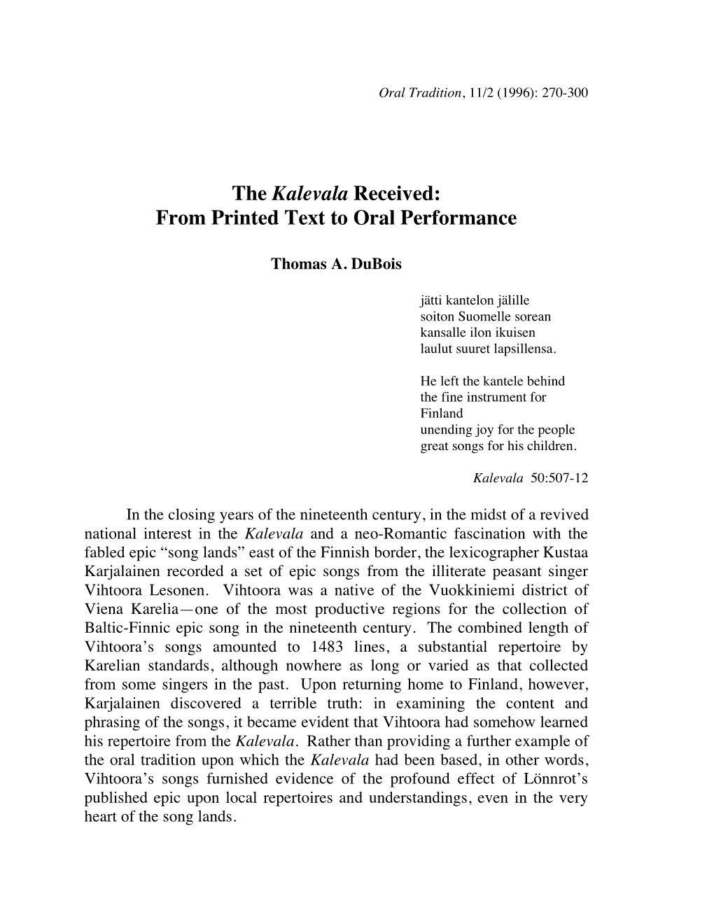 The Kalevala Received: from Printed Text to Oral Performance