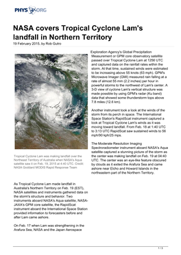 NASA Covers Tropical Cyclone Lam's Landfall in Northern Territory 19 February 2015, by Rob Gutro