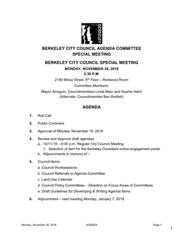 Berkeley City Council Agenda Committee Special Meeting