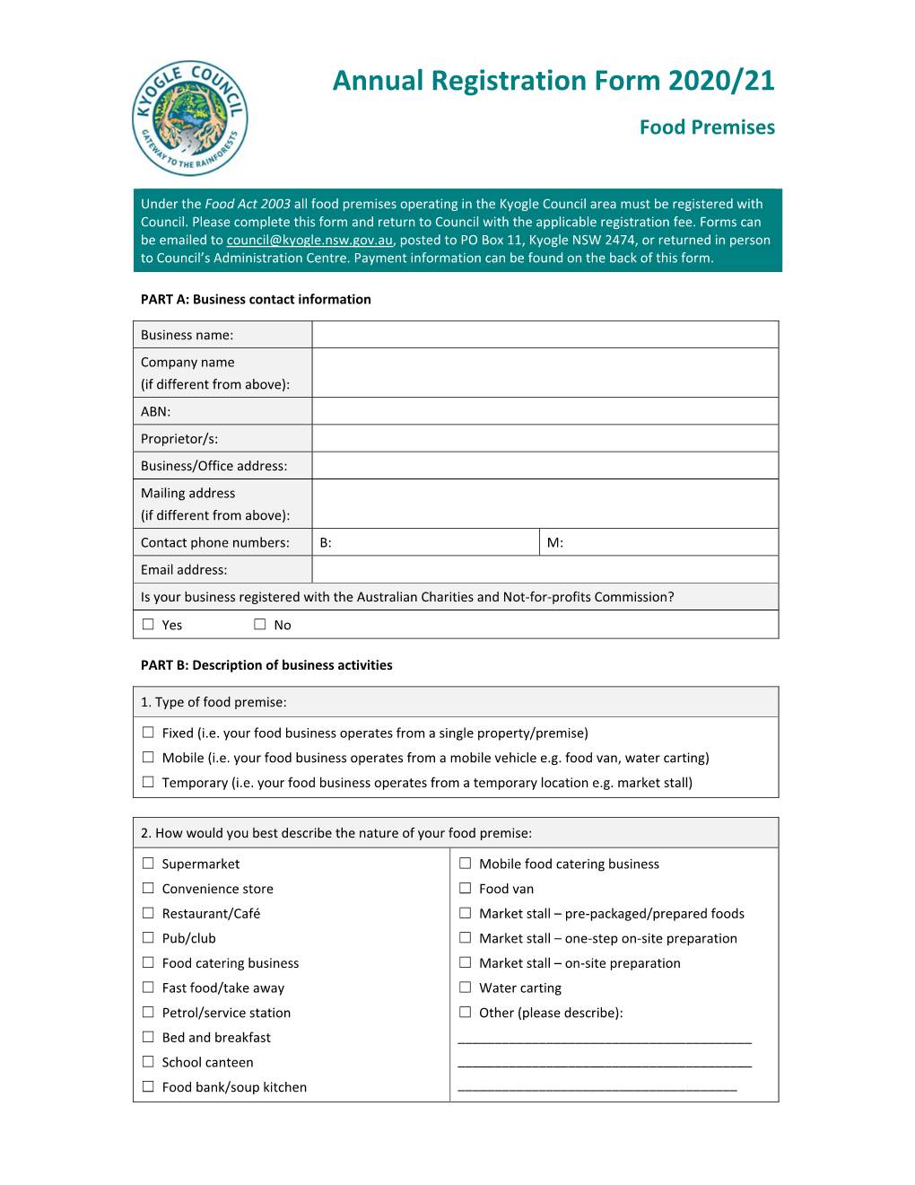 Annual Registration Form 2020/21 Food Premises