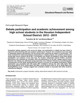Debate Participation and Academic Achievement Among High School Students in the Houston Independent School District: 2012 - 2015