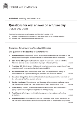 Future Oral Questions As of Mon 7 Oct 2019