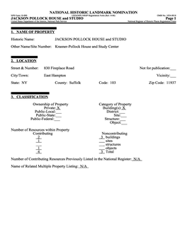 JACKSON POLLOCK HOUSE and STUDIO Page 1 United States Department of the Interior, National Park Service______National Register of Historic Places Registration Form