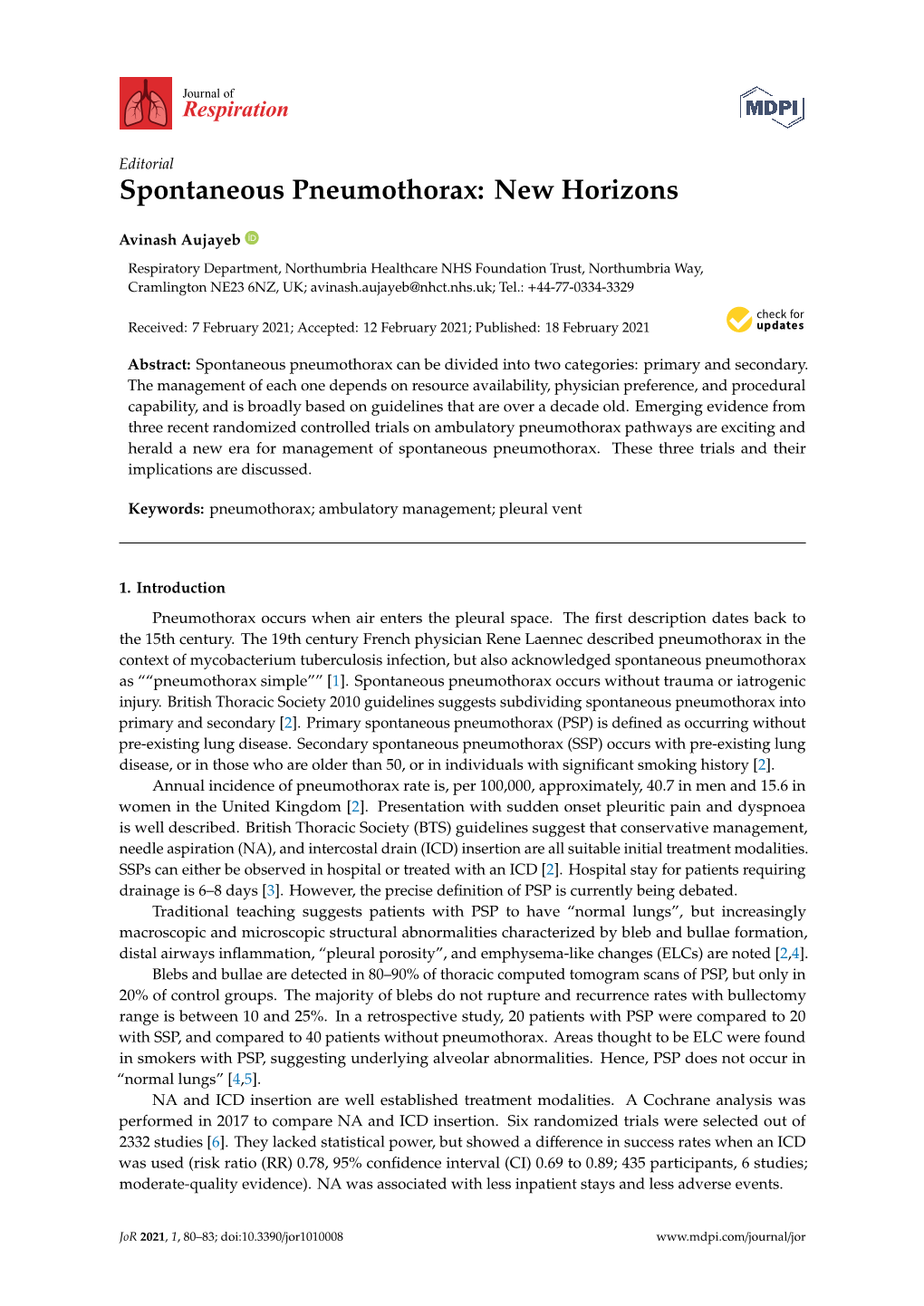 Spontaneous Pneumothorax: New Horizons