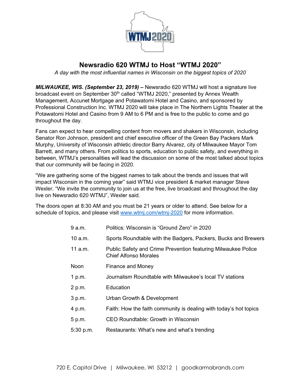 Newsradio 620 WTMJ to Host “WTMJ 2020” a Day with the Most Influential Names in Wisconsin on the Biggest Topics of 2020