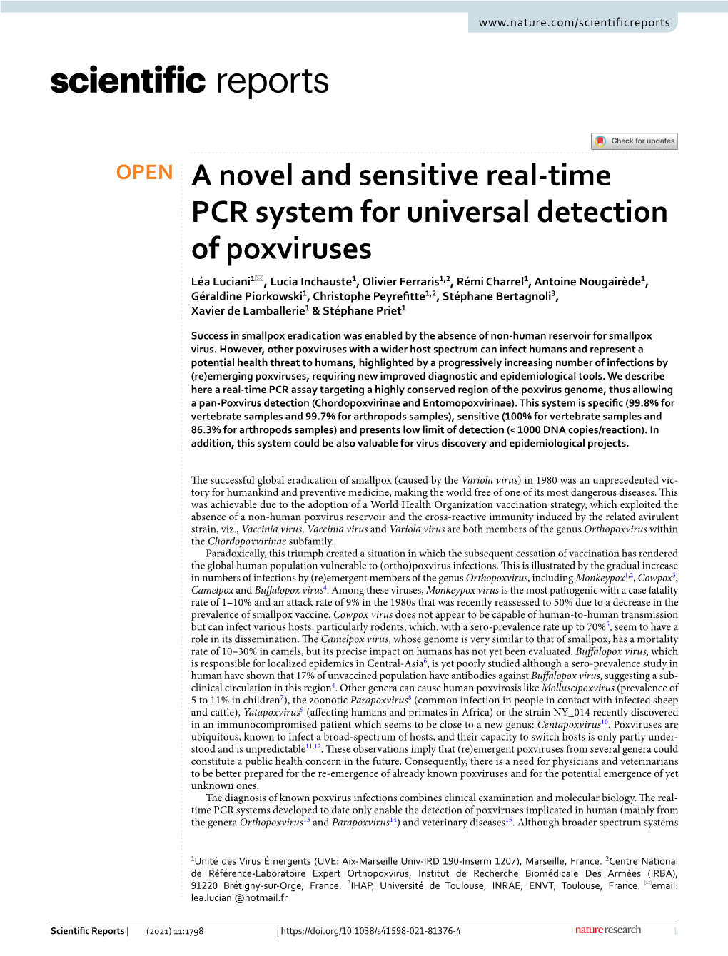 A Novel and Sensitive Real-Time PCR System for Universal Detection of Poxviruses