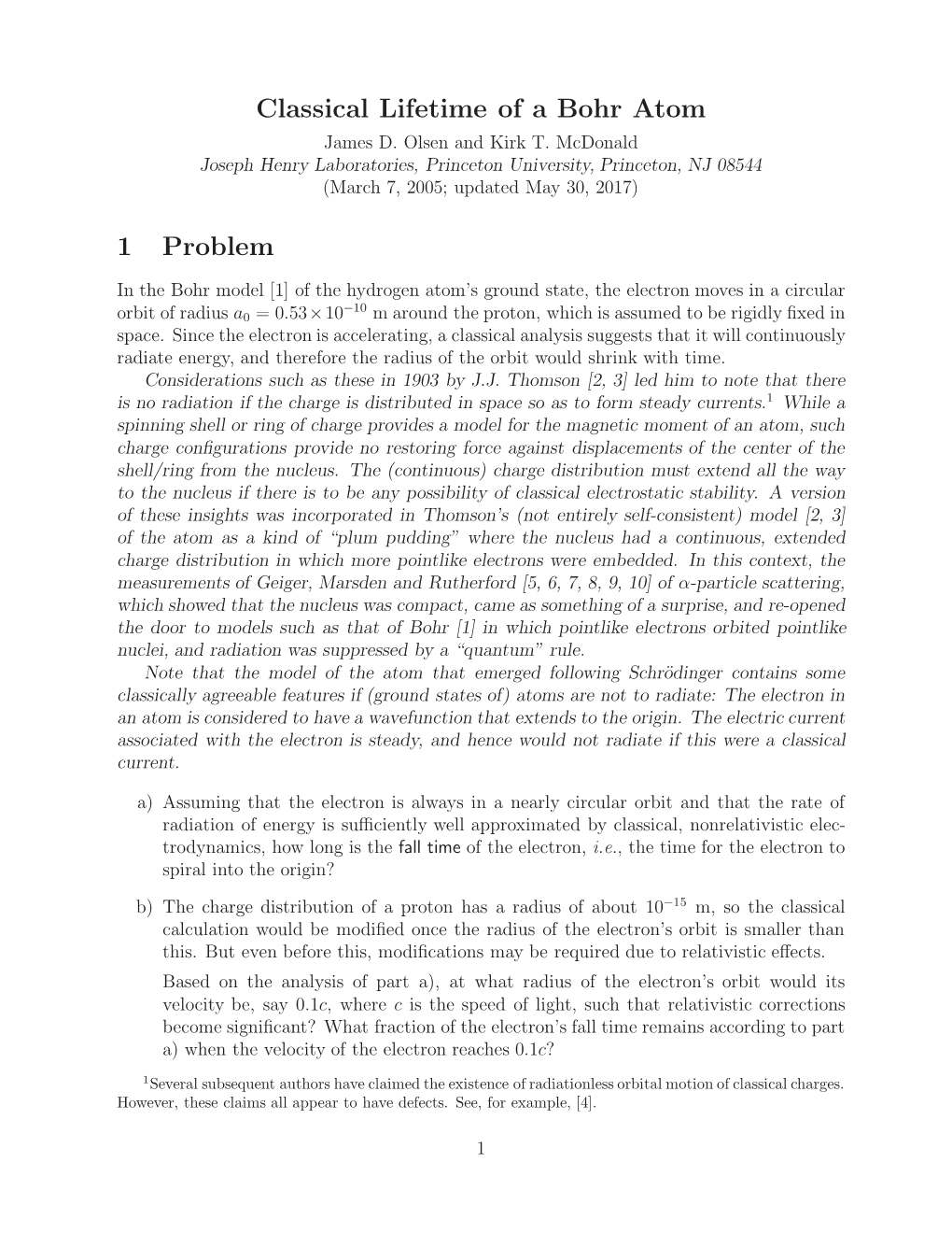 Classical Lifetime of a Bohr Atom 1 Problem