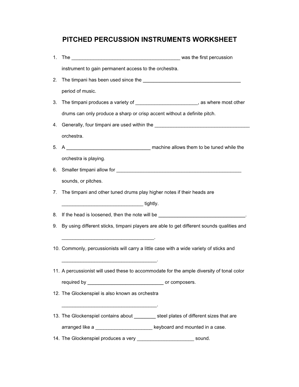 Pitched Percussion Instruments Worksheet