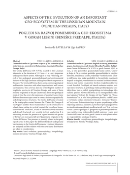 Venetian Prealps, Italy) Pogledi Na Razvoj Pomembnega Geo-Ekosistema V Gorah Lessini (Beneške Predalpe, Italija)