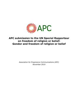 APC Submission to the UN Special Rapporteur on Freedom of Religion Or Belief: Gender and Freedom of Religion Or Belief