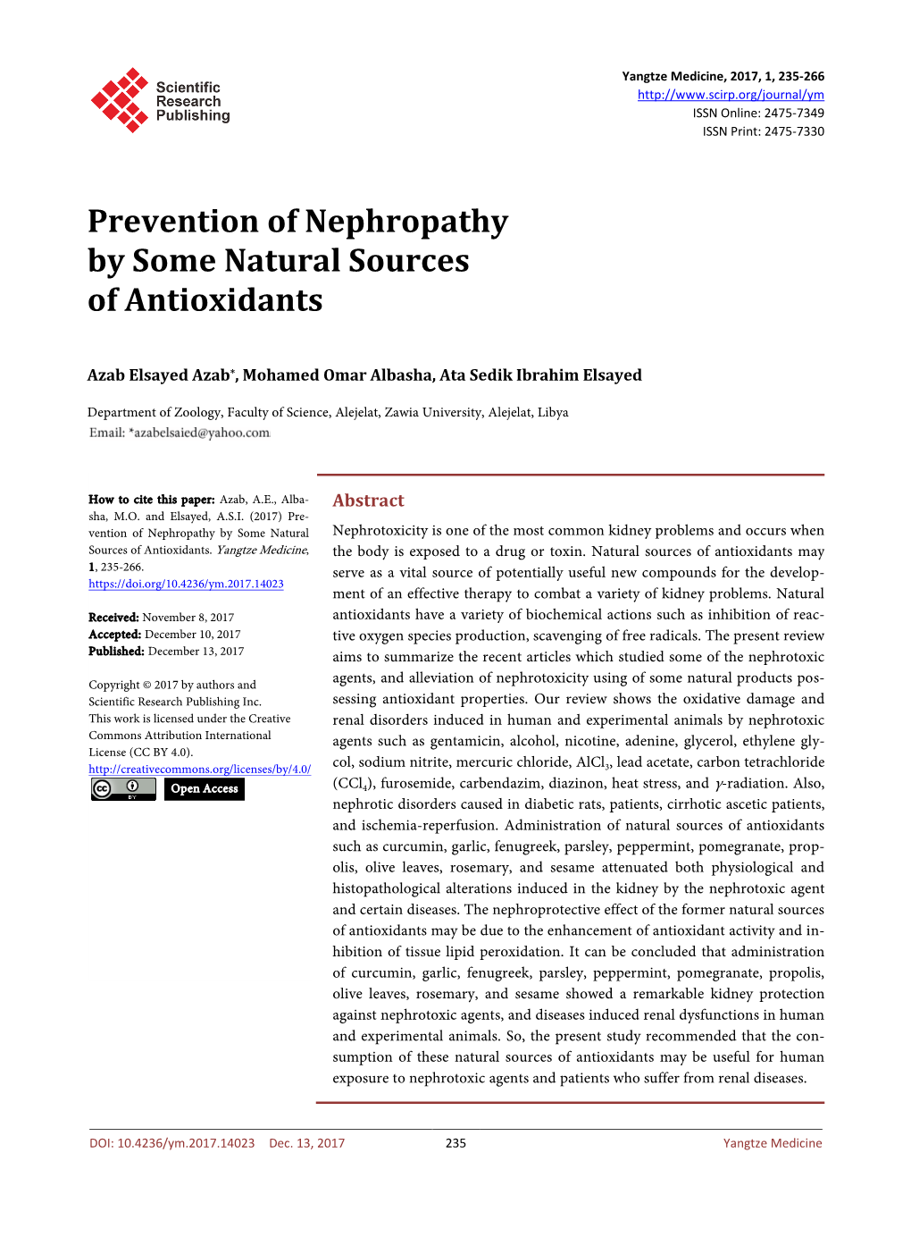 Prevention of Nephropathy by Some Natural Sources of Antioxidants