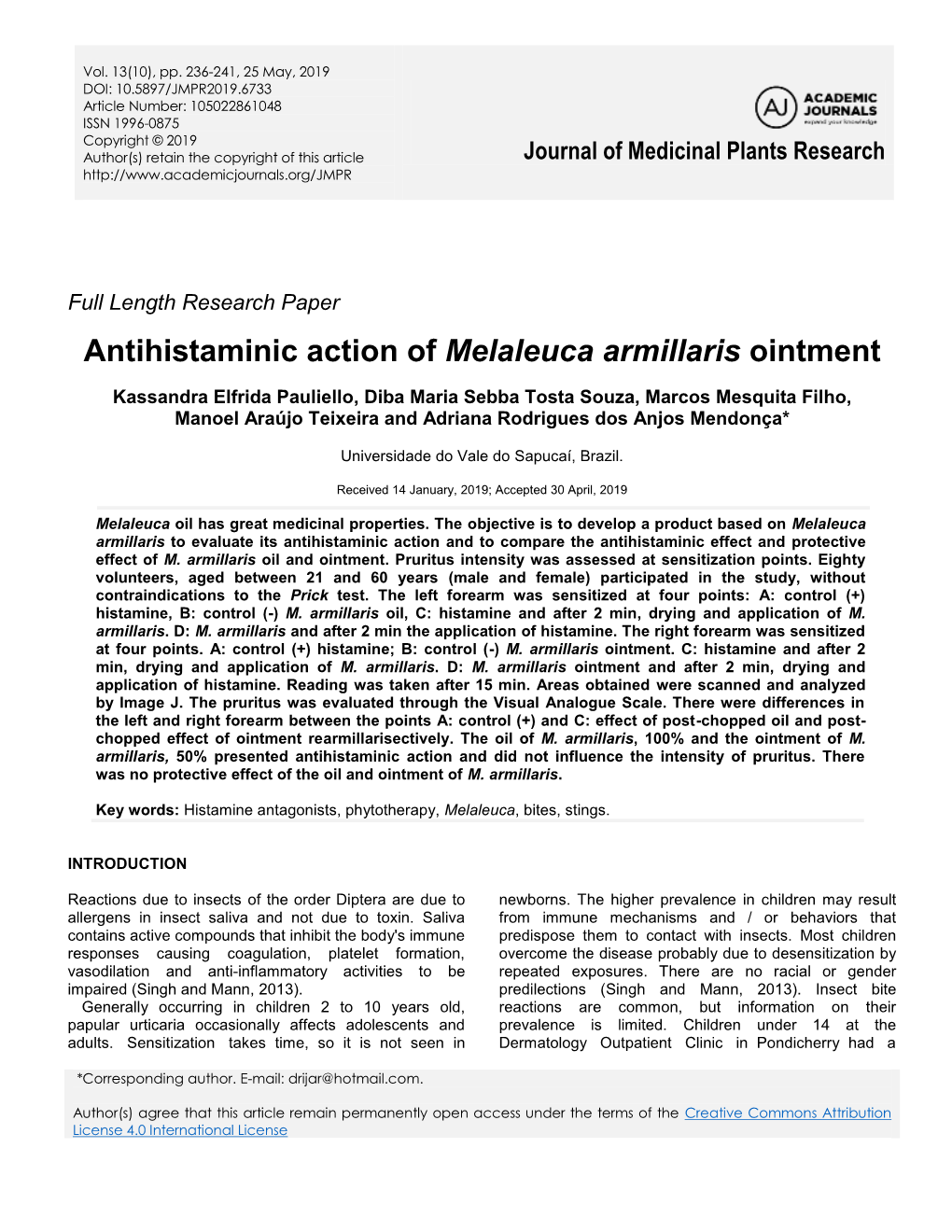 Antihistaminic Action of Melaleuca Armillaris Ointment