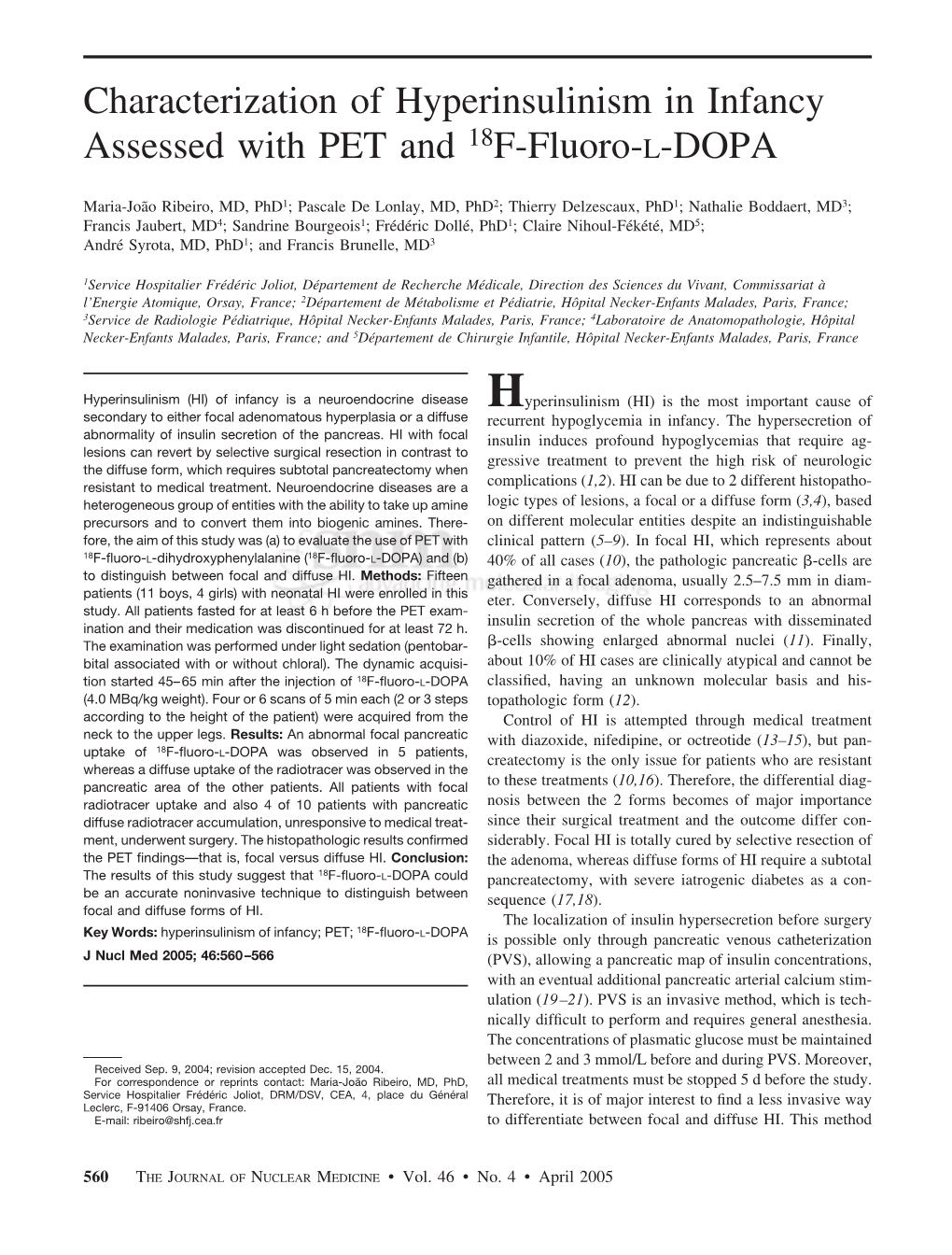 Characterization of Hyperinsulinism in Infancy Assessed with PET and 18F-Fluoro-L-DOPA