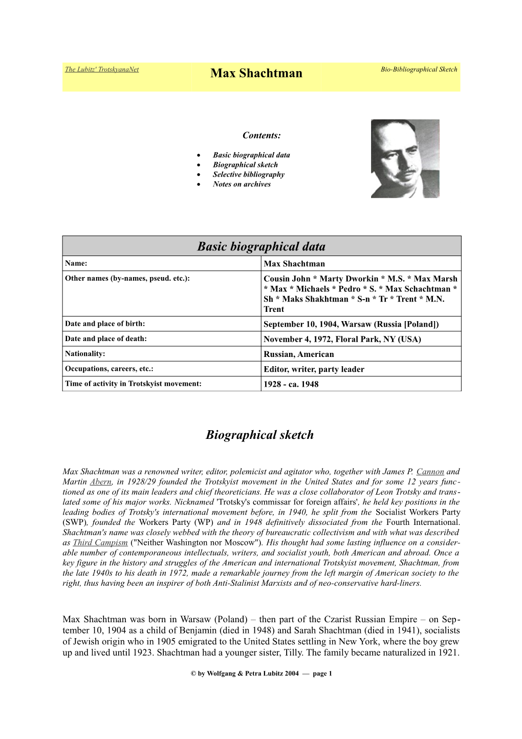 Shachtman Bio-Bibliographical Sketch