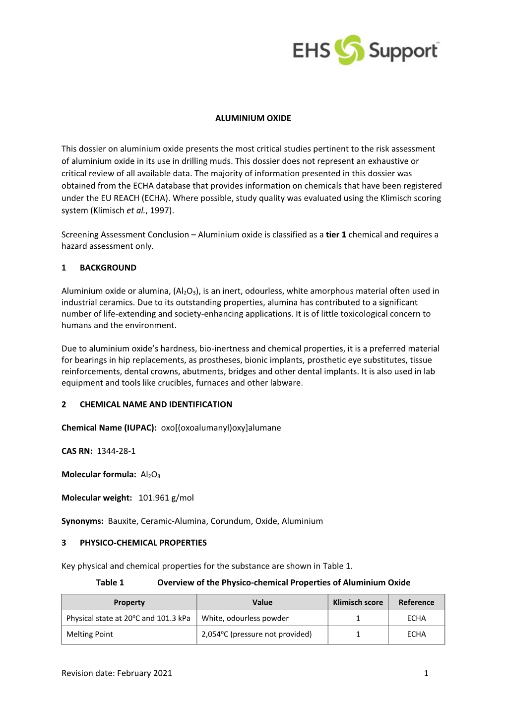 February 2021 1 ALUMINIUM OXIDE This Dossier on Aluminium