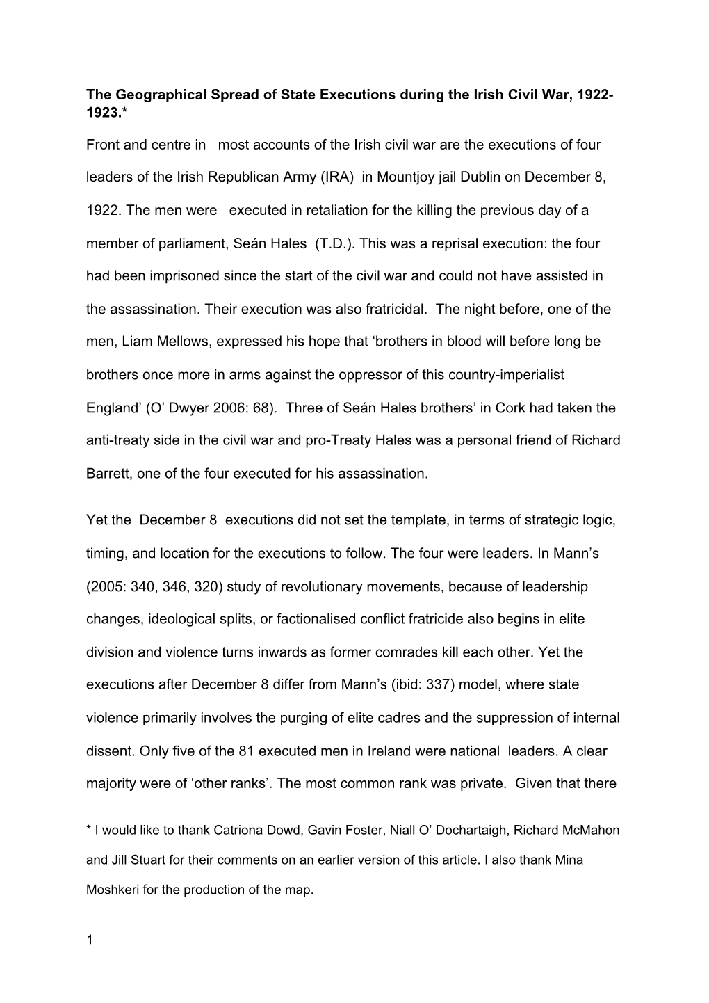 The Geographical Spread of State Executions During the Irish Civil War, 1922- 1923.*