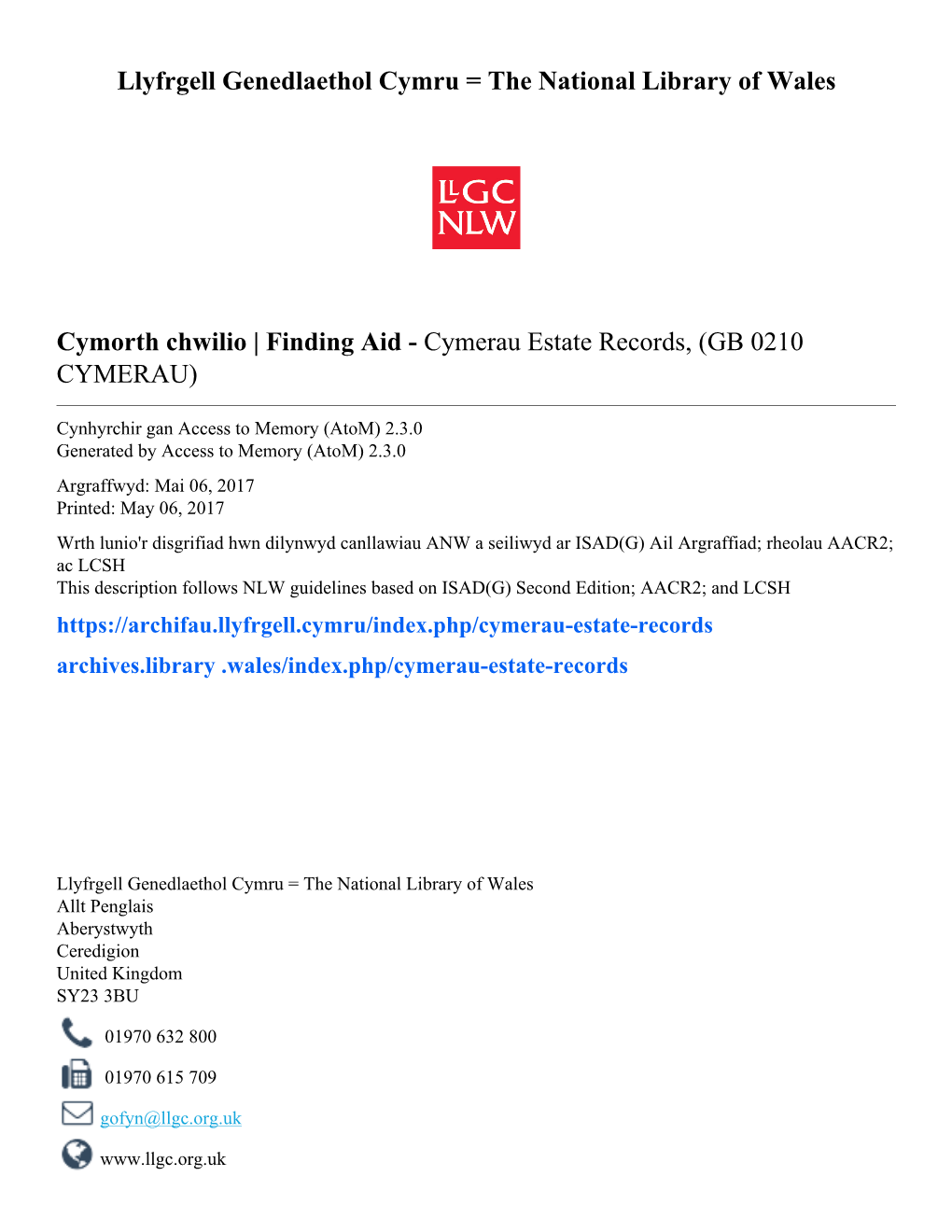 Cymerau Estate Records, (GB 0210 CYMERAU)