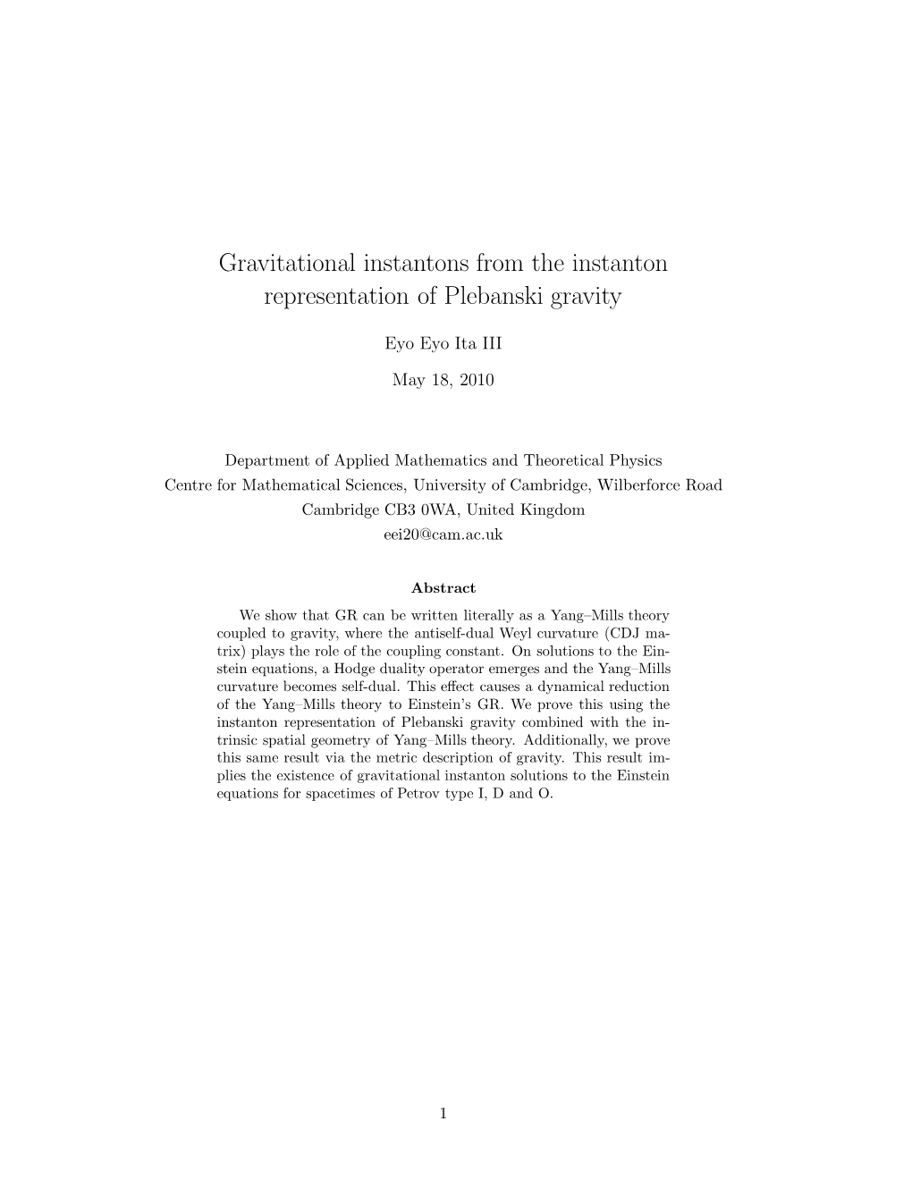 Gravitational Instantons from the Instanton Representation of Plebanski Gravity