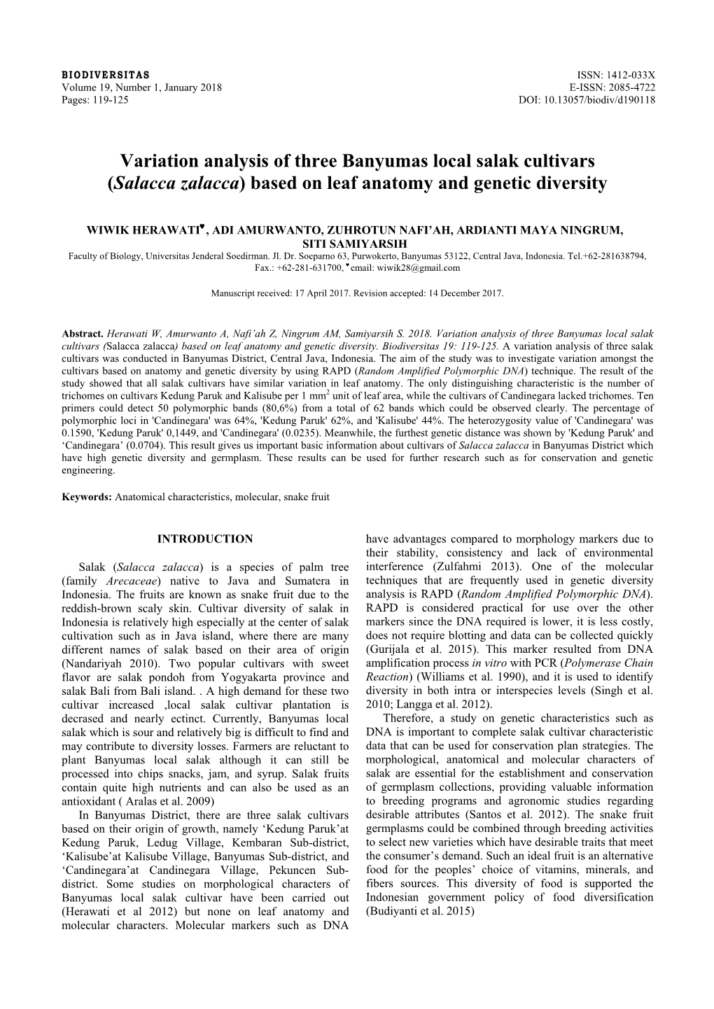 Variation Analysis of Three Banyumas Local Salak Cultivars (Salacca Zalacca) Based on Leaf Anatomy and Genetic Diversity