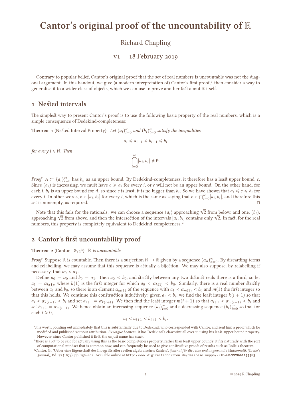 Cantor's Original Proof of the Uncountability of R