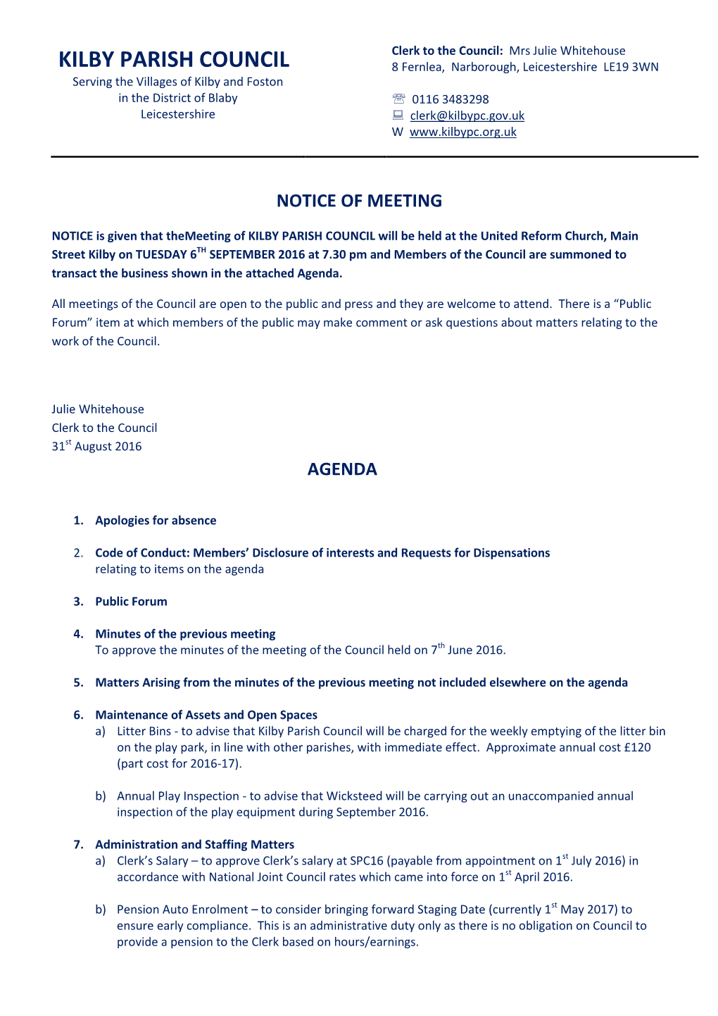 Agenda for Parish Council Meeting on 6Th