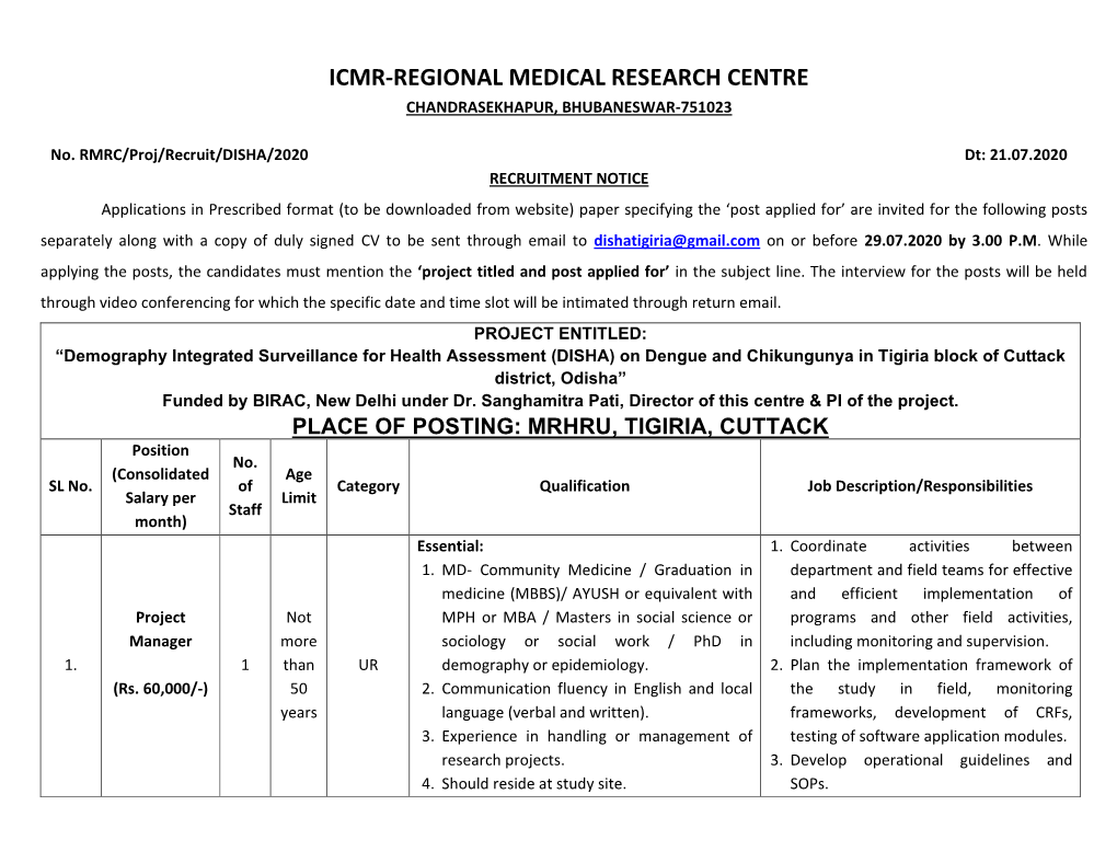 Icmr-Regional Medical Research Centre Chandrasekhapur, Bhubaneswar-751023
