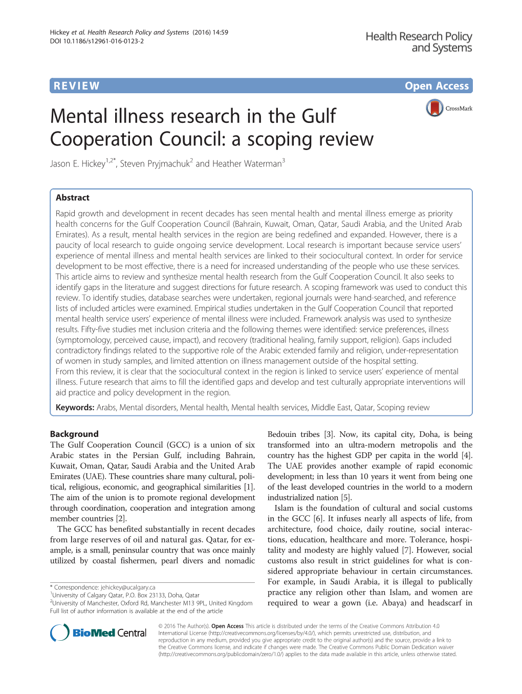 Mental Illness Research in the Gulf Cooperation Council: a Scoping Review Jason E