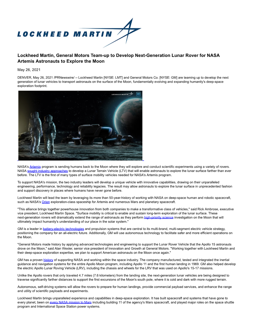 Lockheed Martin, General Motors Team-Up to Develop Next-Generation Lunar Rover for NASA Artemis Astronauts to Explore the Moon