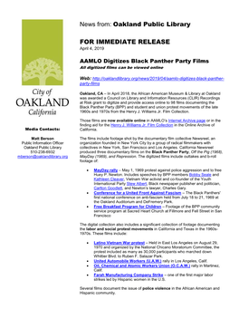 News From: Oakland Public Library for IMMEDIATE RELEASE