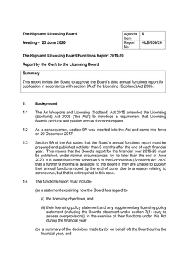 Highland Licensing Board Functions Report 2019-20
