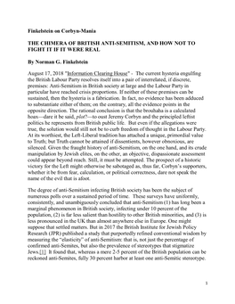 Finkelstein on Corbyn-Mania the CHIMERA of BRITISH ANTI-SEMITISM, and HOW NOT to FIGHT IT IF IT WERE REAL by Norman G. Finkelste