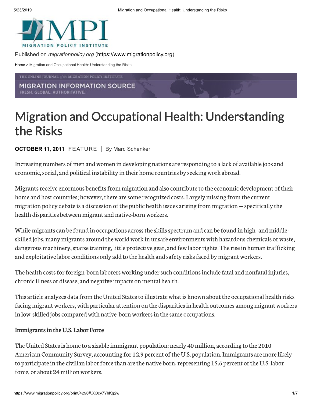 Migration and Occupational Health: Understanding the Risks