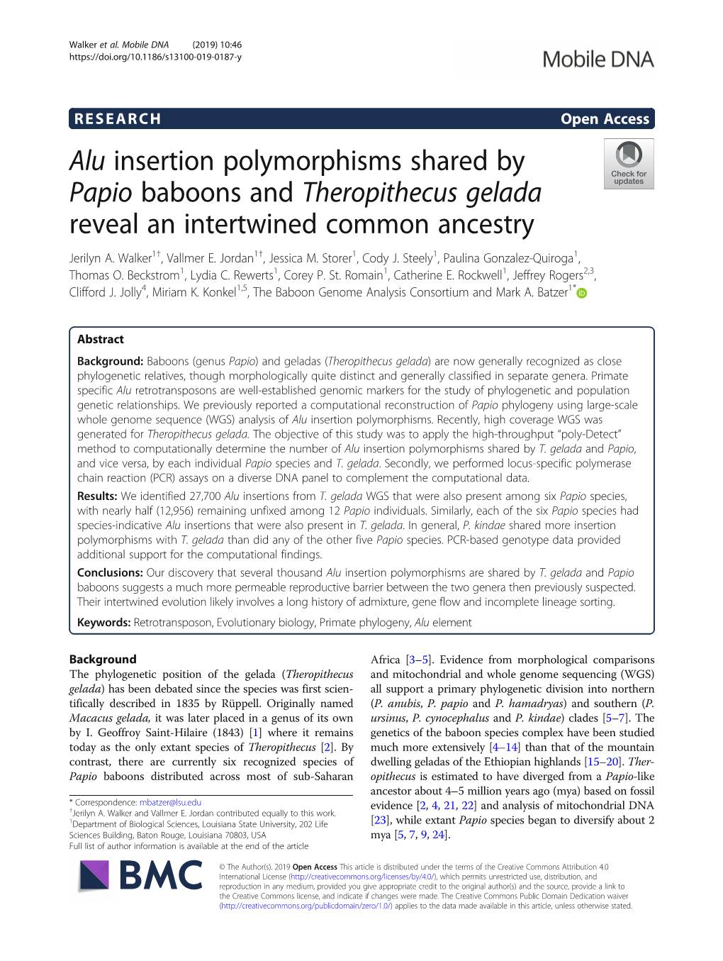 Alu Insertion Polymorphisms Shared by Papio Baboons and Theropithecus Gelada Reveal an Intertwined Common Ancestry Jerilyn A