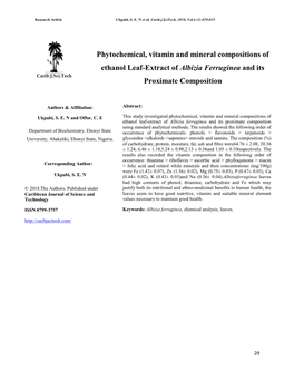 Phytochemical, Vitamin and Mineral Compositions of Ethanol Leaf-Extract of Albizia Ferruginea and Its Proximate Composition Using Standard Analytical Methods