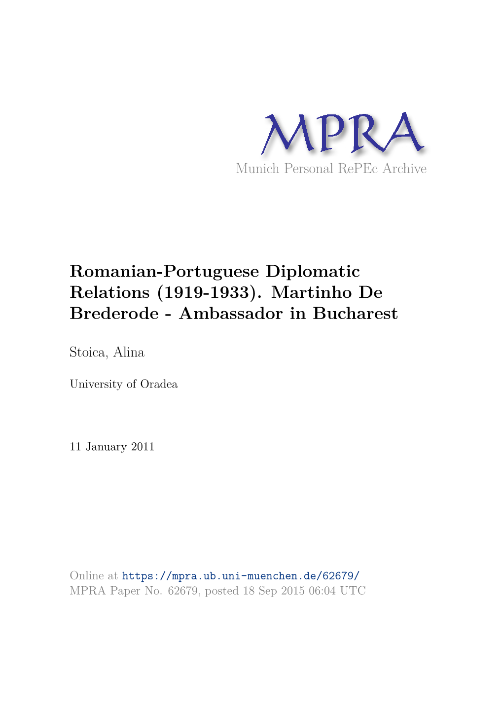 Romanian-Portuguese Diplomatic Relations (1919-1933)