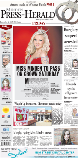 Miss Minden to Pass on Crown Saturday