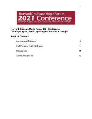Harvard Graduate Music Forum 2021 Conference “To Begin Again: Music, Apocalypse, and Social Change”