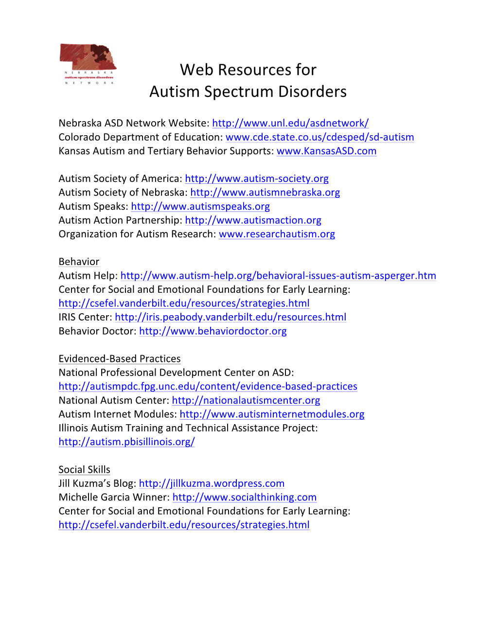 Web Resources for Autism Spectrum Disorders