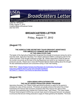 BROADCASTERS LETTER Friday, August 17, 2012