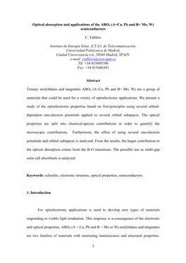 Optical Absorption and Applications of the ABO4 (A=Ca, Pb and B= Mo, W) Semiconductors