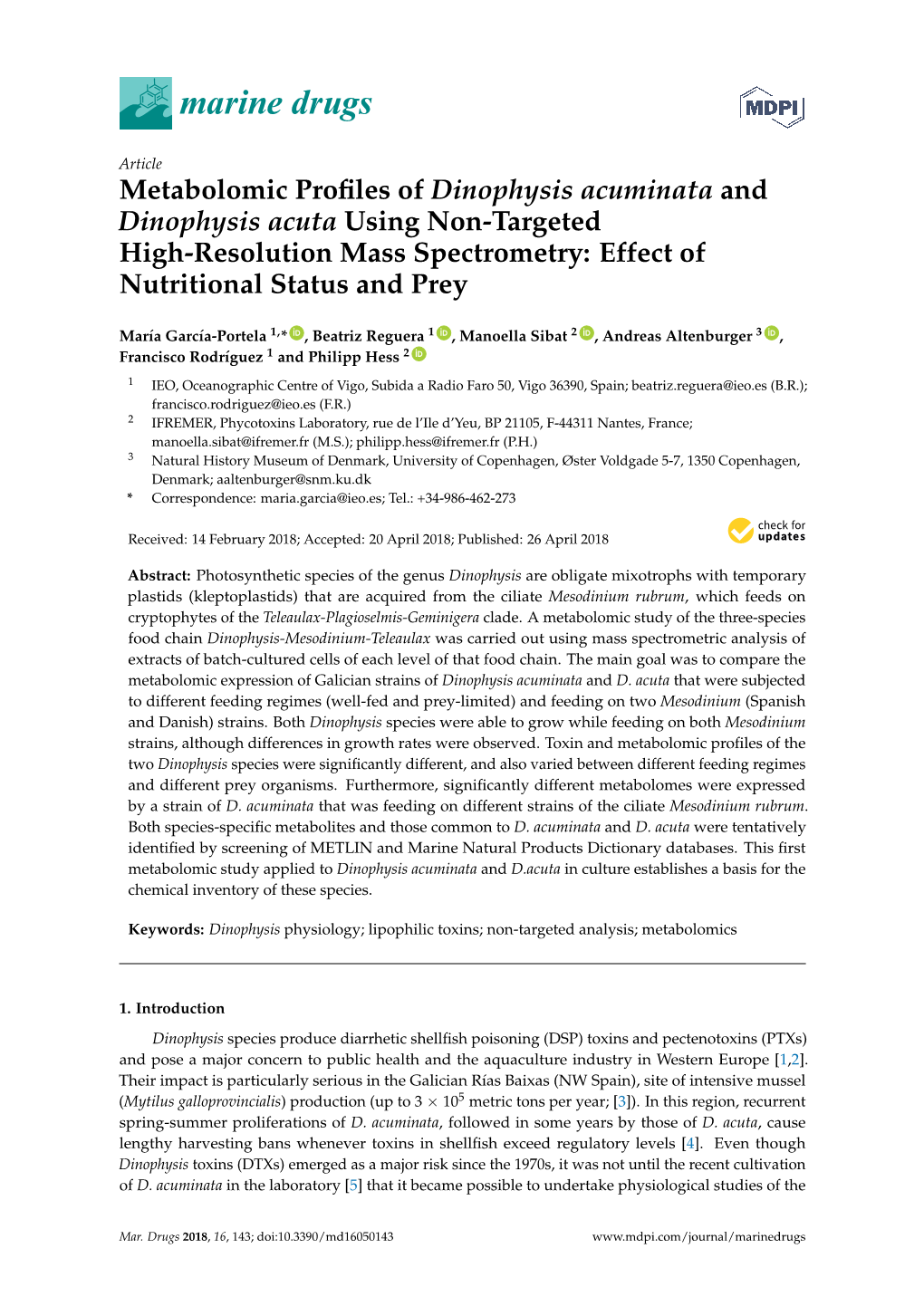 Metabolomic Profiles of Dinophysis Acuminata and Dinophysis Acuta