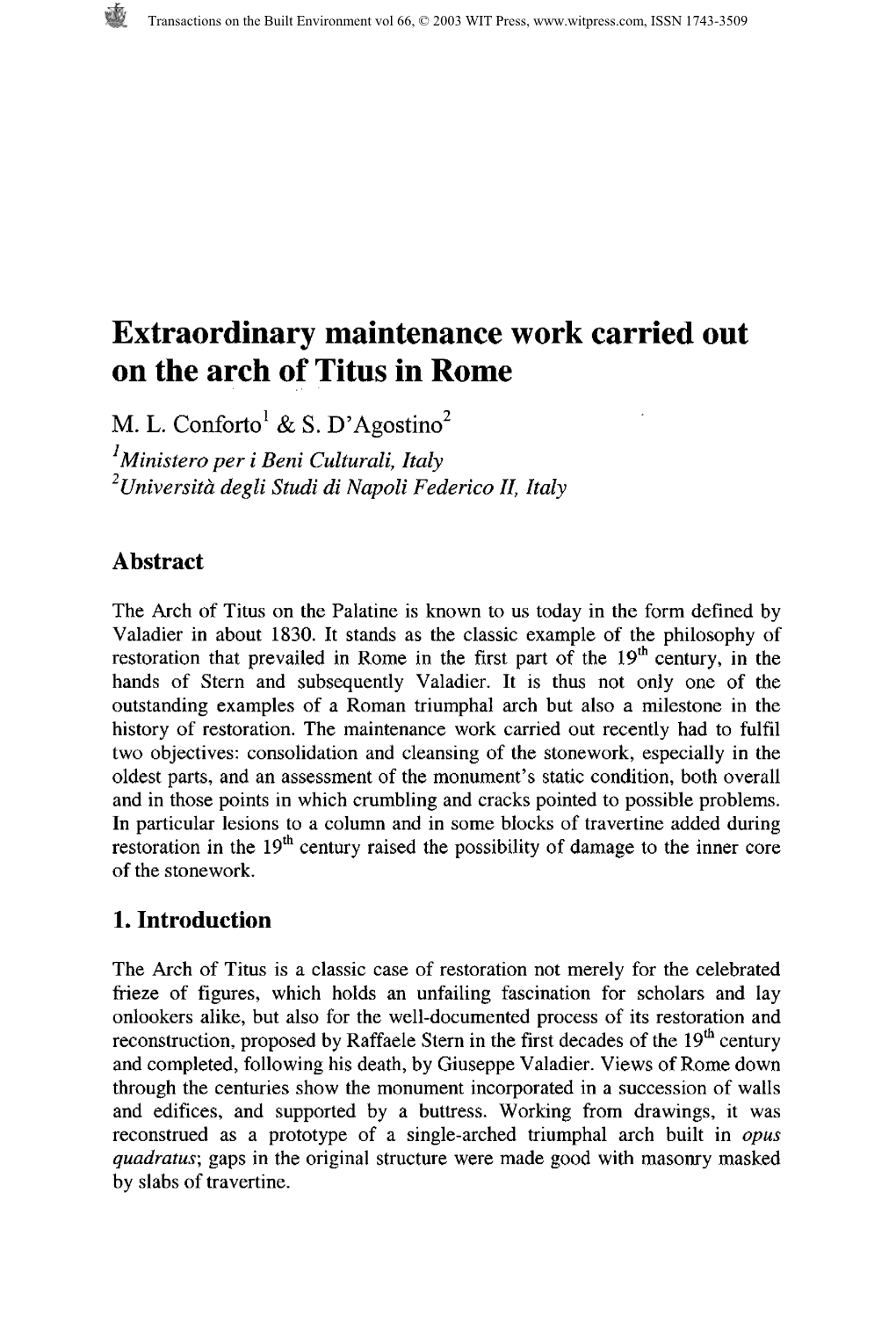 Extraordinary Maintenance Work Carried out on the Arch of Titus in Rome