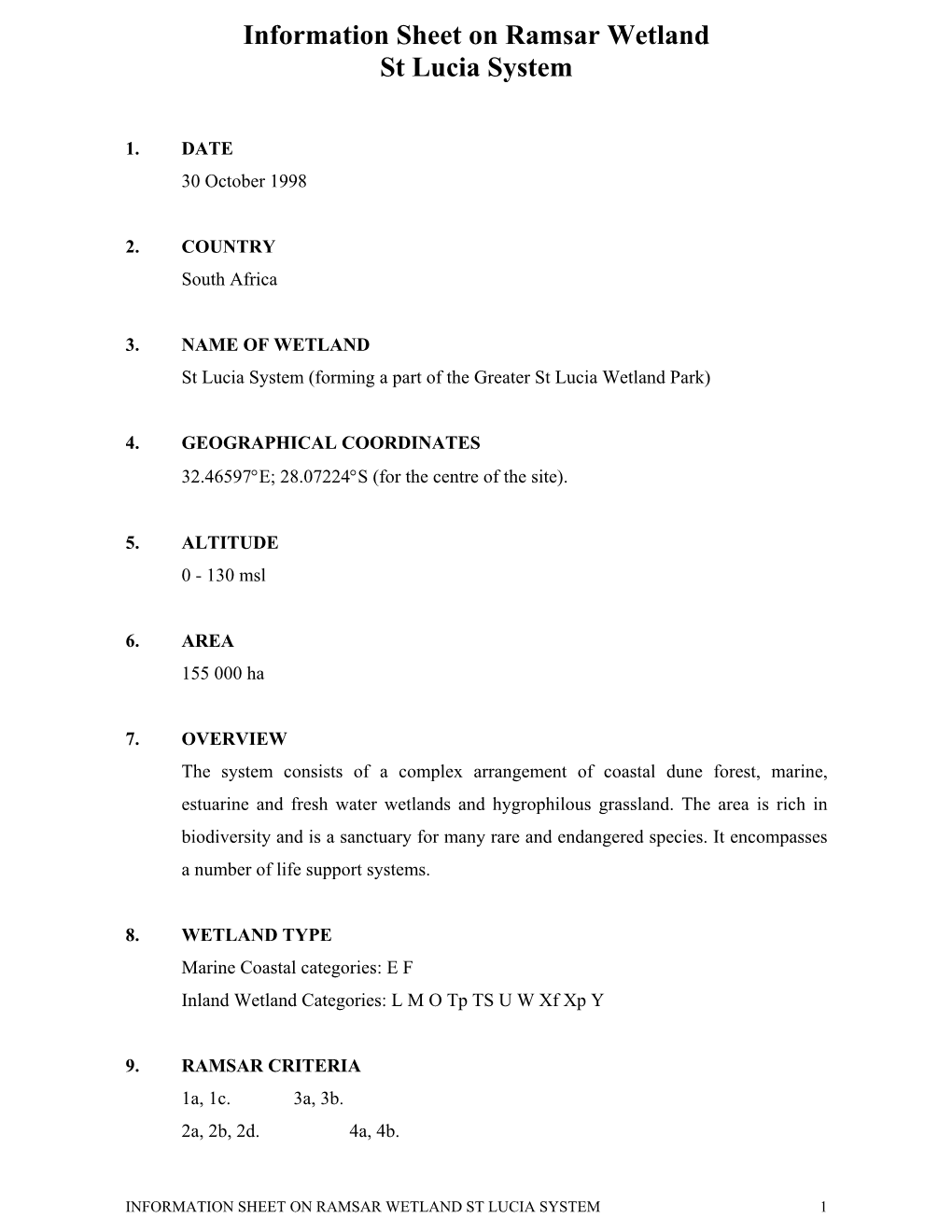 Information Sheet on Ramsar Wetland St Lucia System