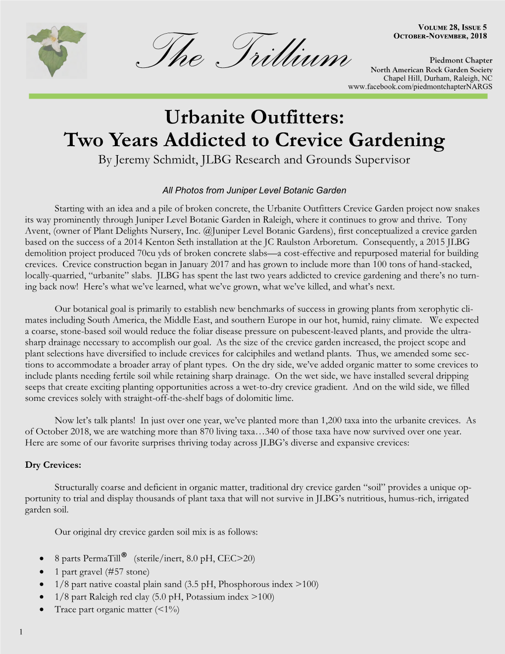 Urbanite Outfitters: Two Years Addicted to Crevice Gardening by Jeremy Schmidt, JLBG Research and Grounds Supervisor