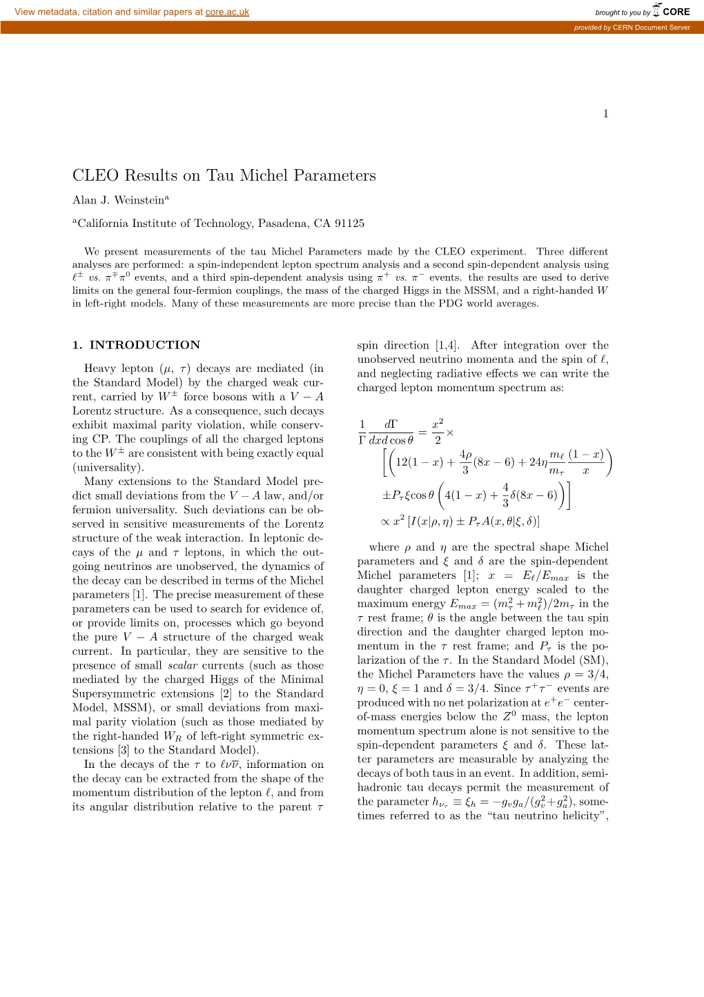 CLEO Results on Tau Michel Parameters Alan J