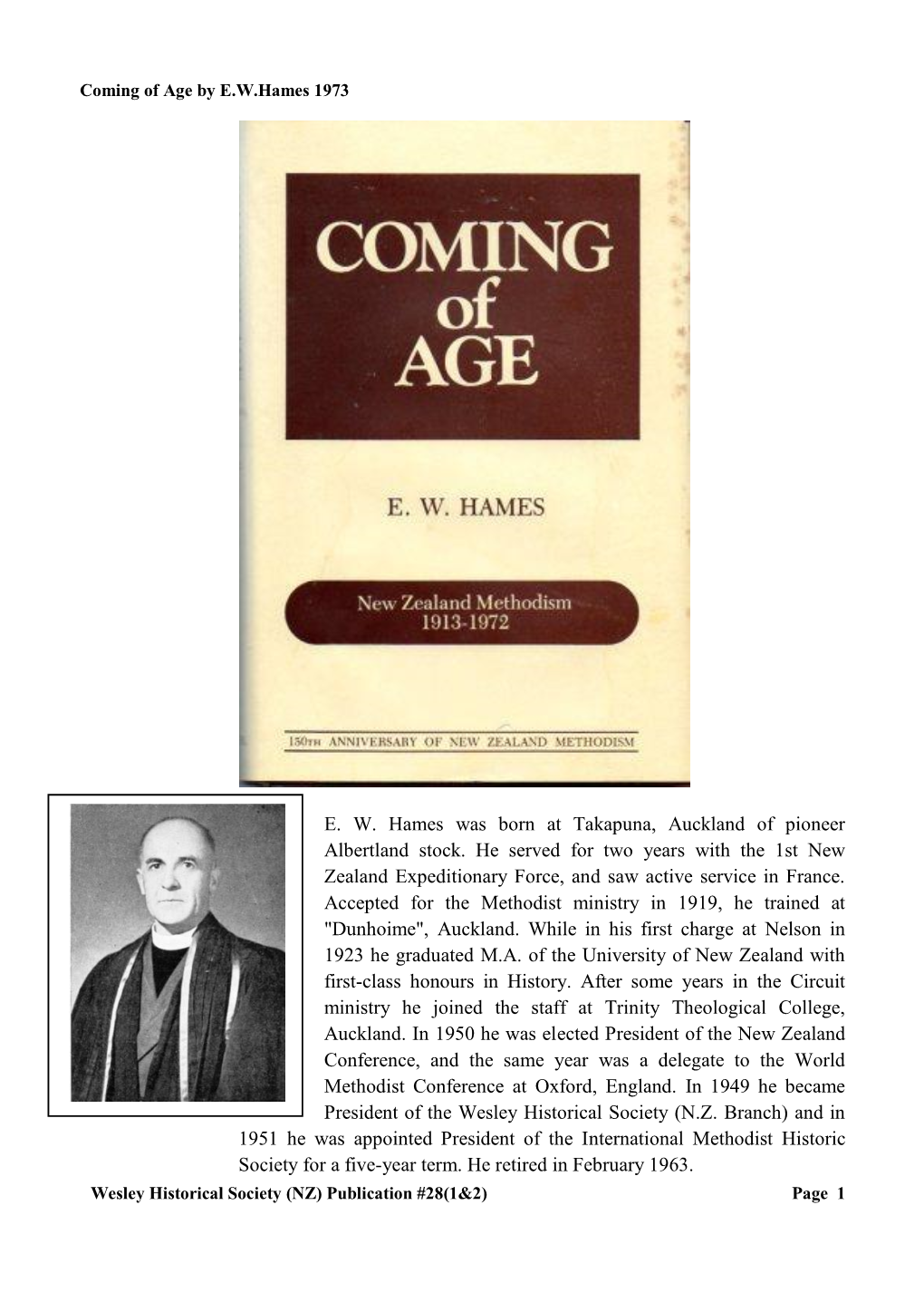 E. W. Hames Was Born at Takapuna, Auckland of Pioneer Albertland Stock