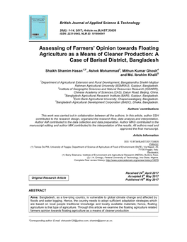 Assessing of Farmers' Opinion Towards Floating Agriculture As a Means of Cleaner Production