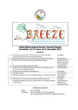 Indian Meteorological Society, Chennai Chapter Newsletter Vol.14, Issue No.2, December 2012 Contents 1