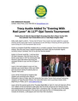 Tracy Austin Added to “Evening with Rod Laver” at 117Th Ojai Tennis Tournament
